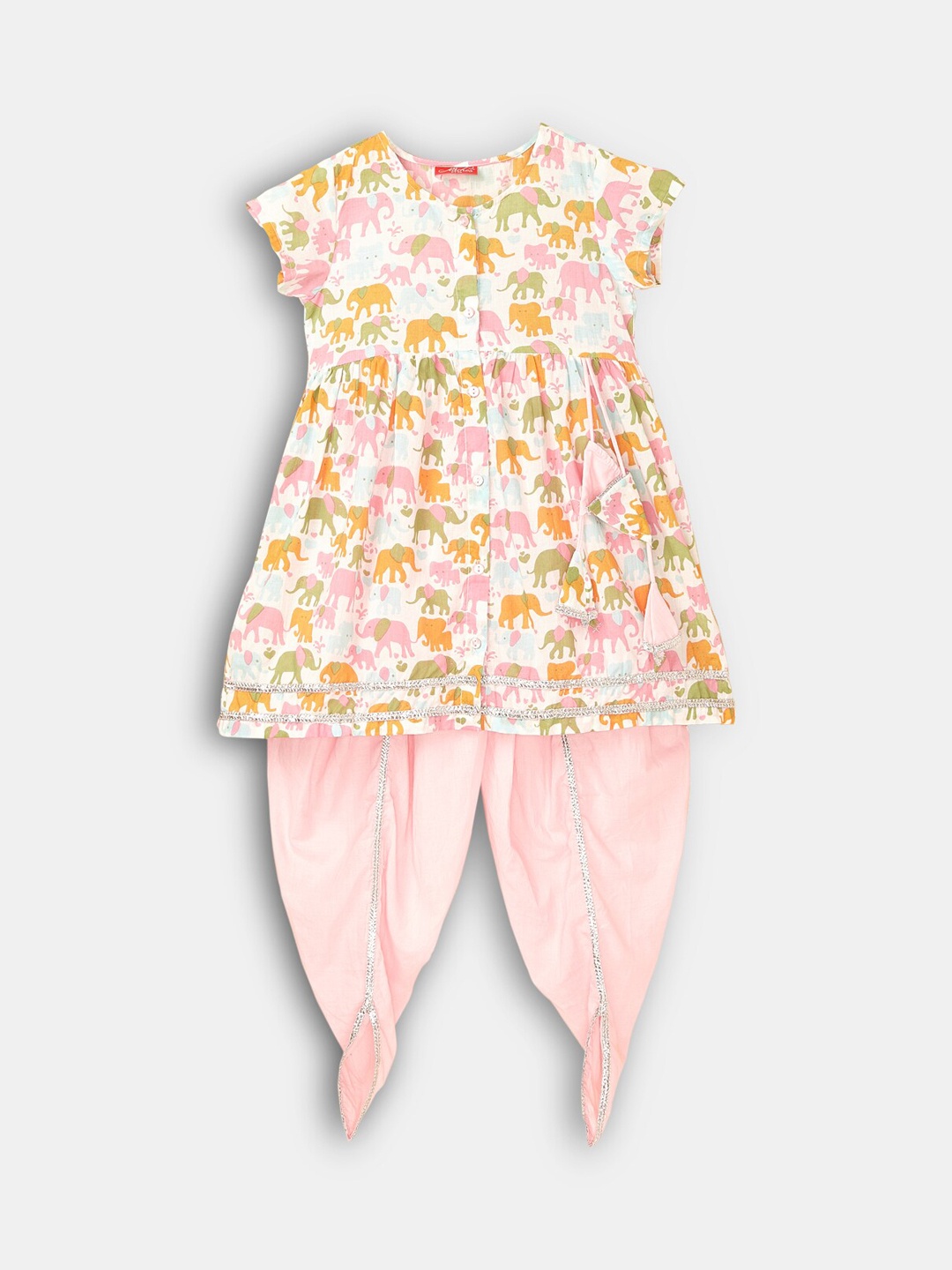 

Hopscotch Girls Pink Animal Print Gotta Patti Pure Cotton Kurti with Dhoti Pants