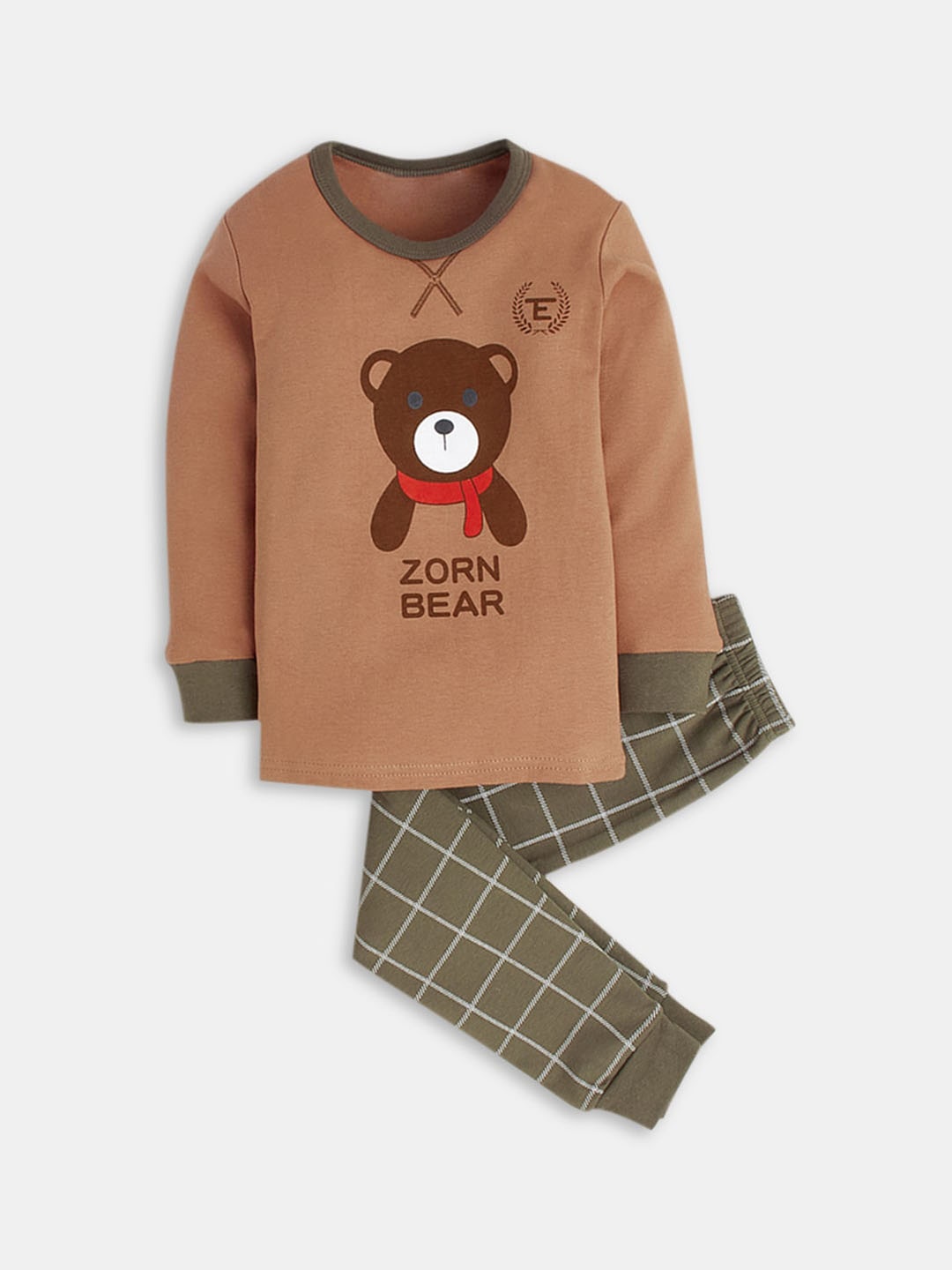 

Hopscotch Unisex Kids Brown & Olive Green Printed Pure Cotton Night suit