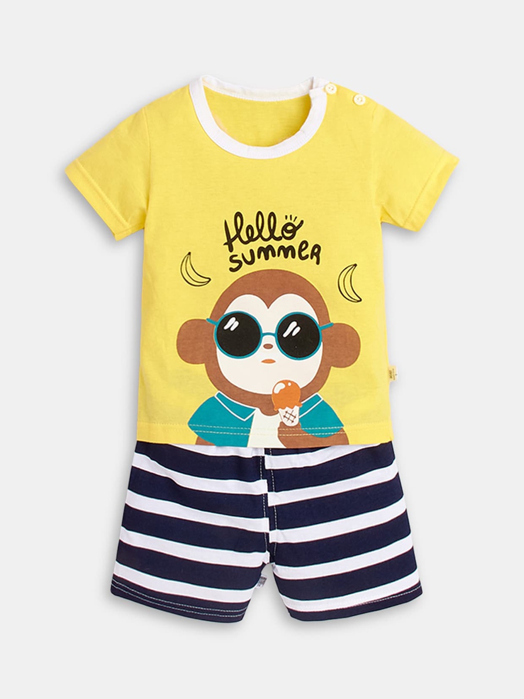 

Hopscotch Girls Yellow & Blue Printed Pure Cotton Night suit