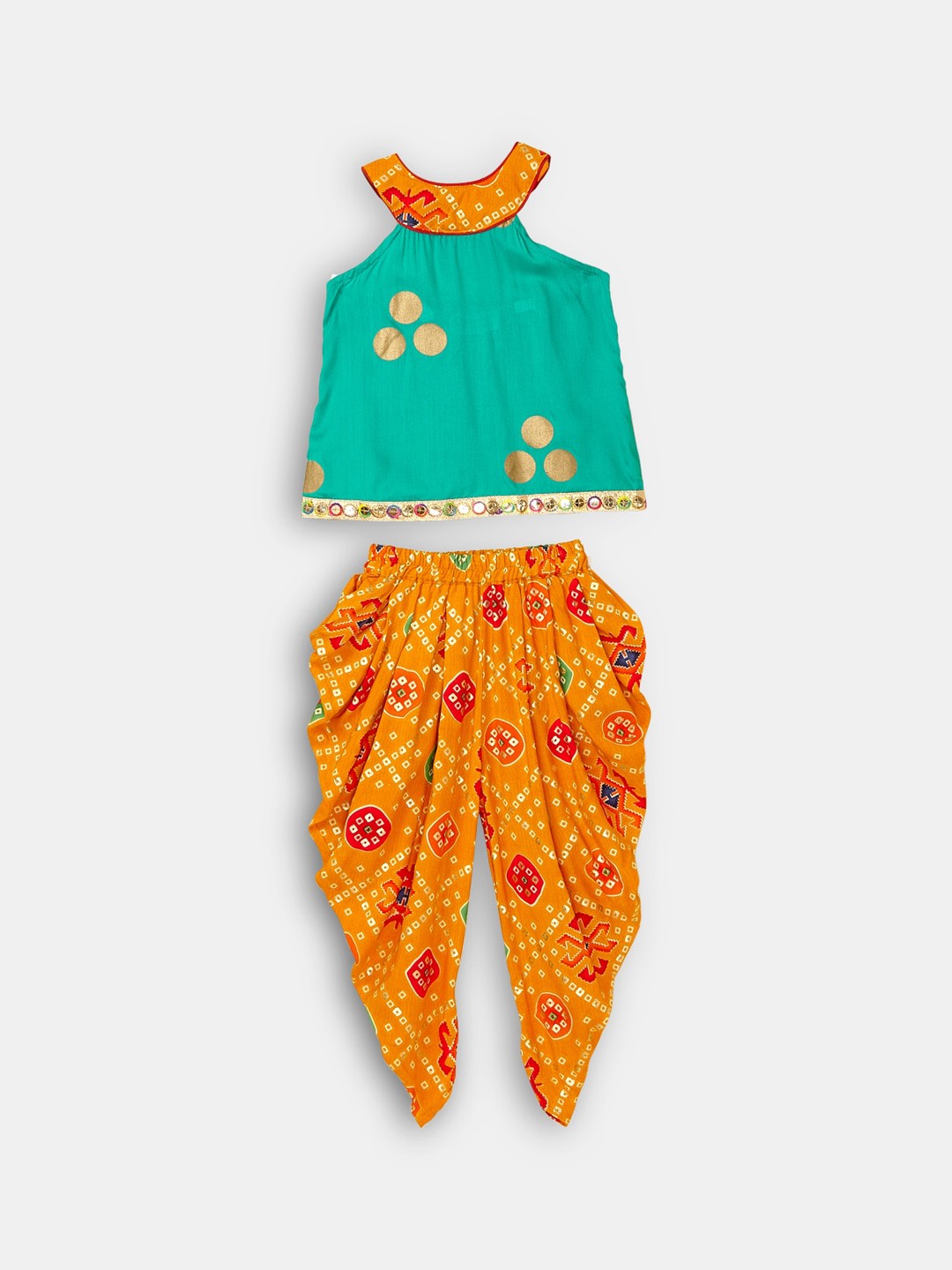 

Hopscotch Girls Green Printed Top with Dhoti Pants