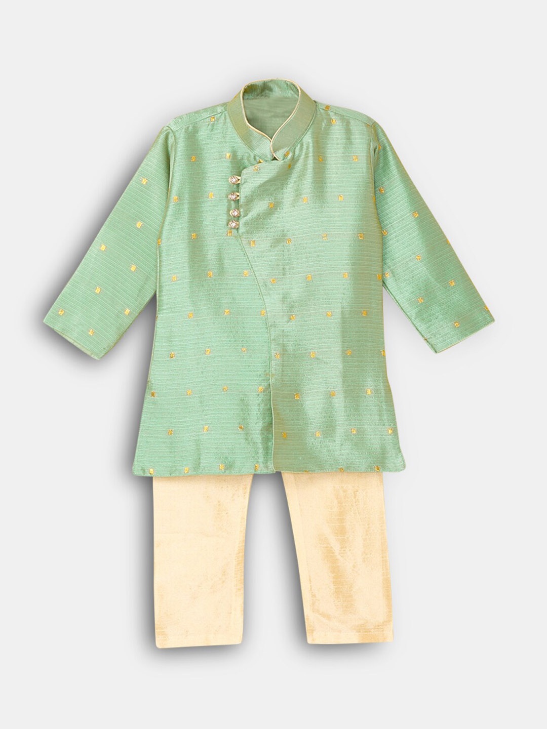 

Hopscotch Boys Green & Cream-Coloured Pure Silk Kurta with Pyjamas