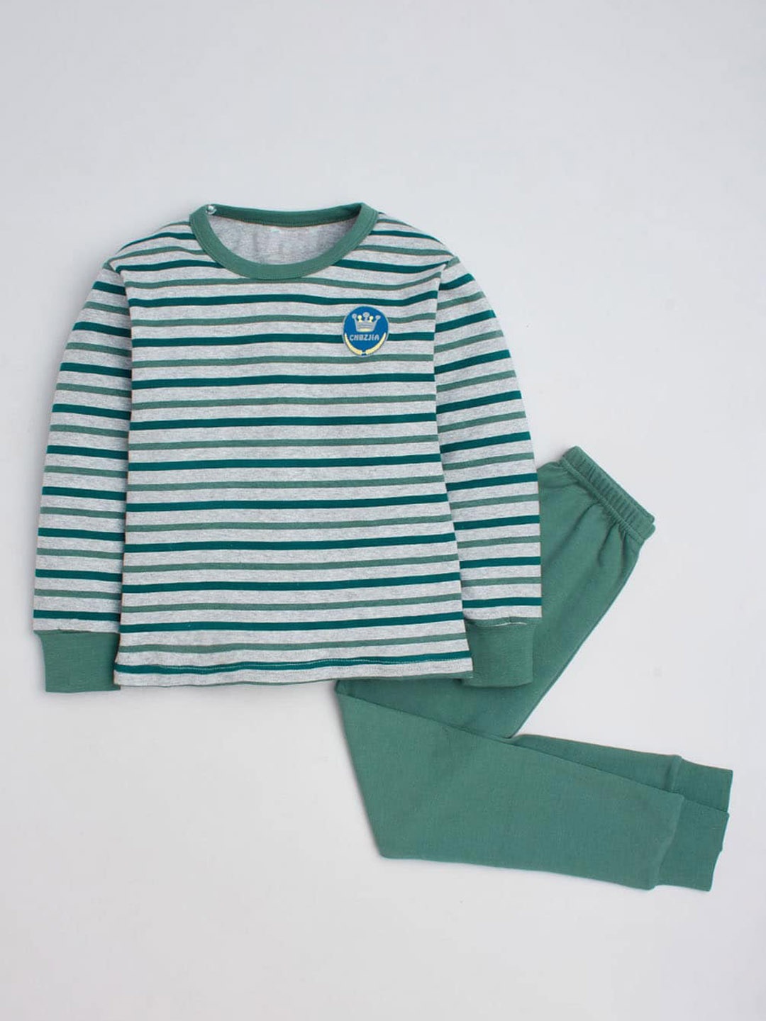 

Hopscotch Girls Green & Grey Striped Night suit