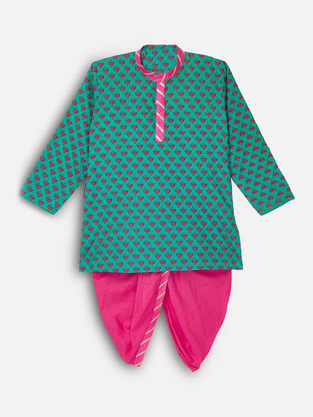 

Hopscotch Boys Green Printed Kurta with Dhoti Pants