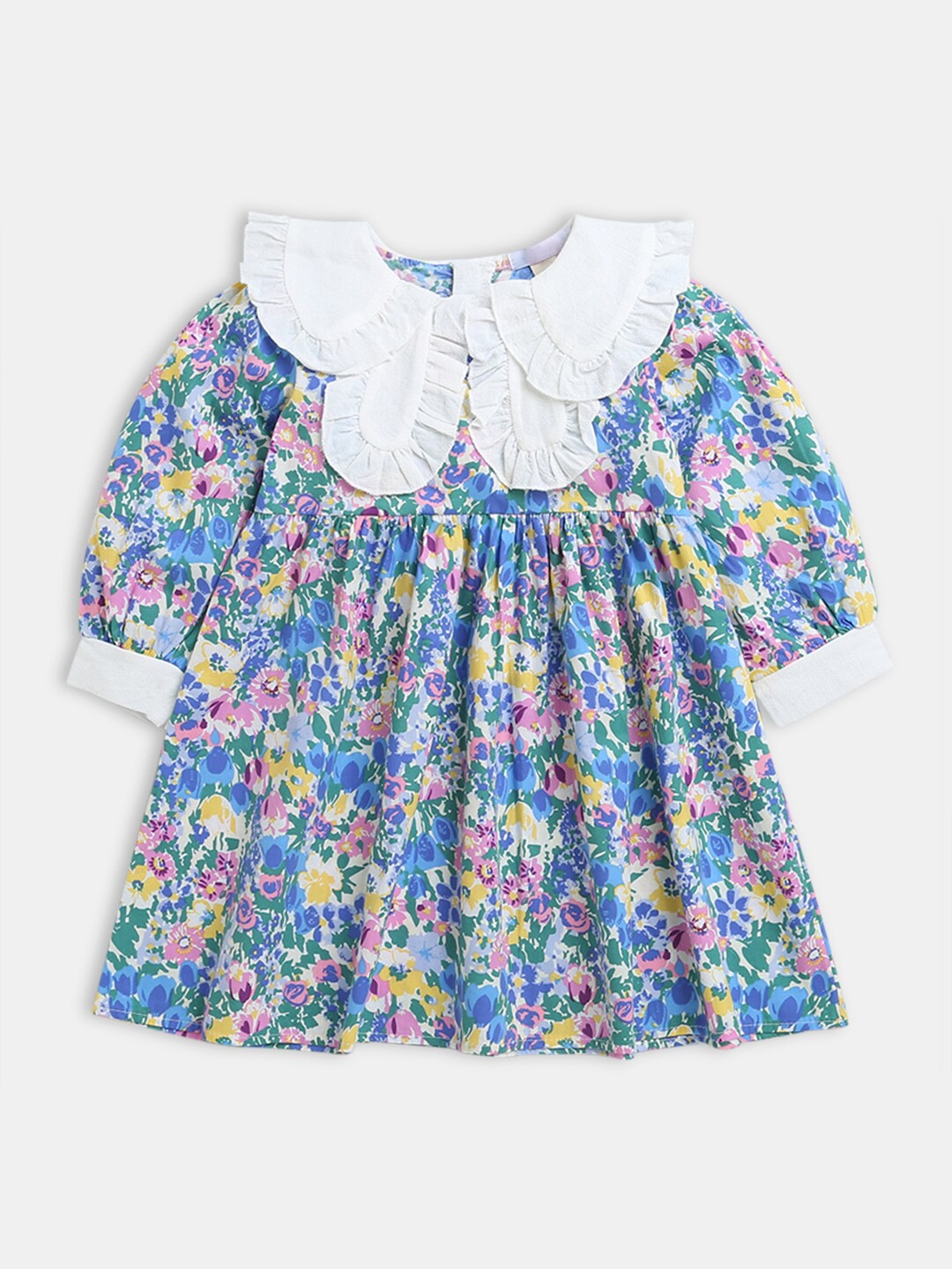 

Hopscotch Girls Blue Floral Printed Long Sleeves Peter Pan Collar Dress