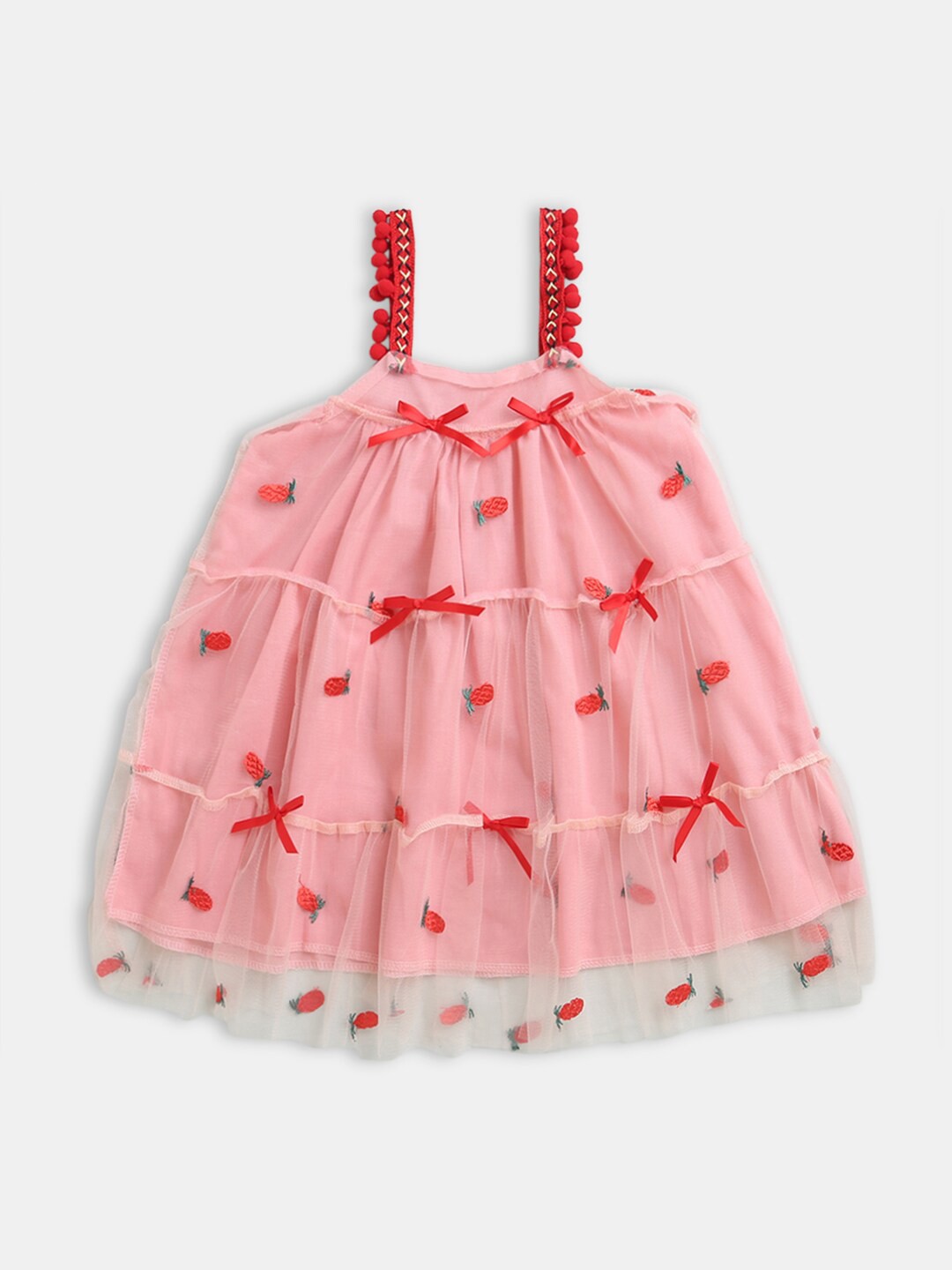 

Hopscotch Girls Pink Fruit Printed Sleeveless Casual Dress