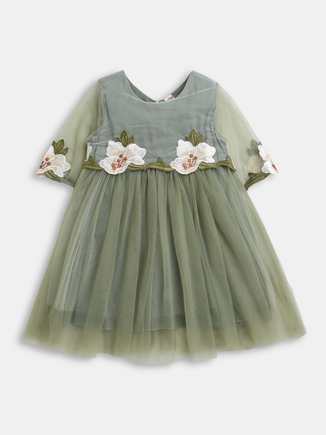 

Hopscotch Green Floral Embroidered Pure Cotton Fit & Flare Dress