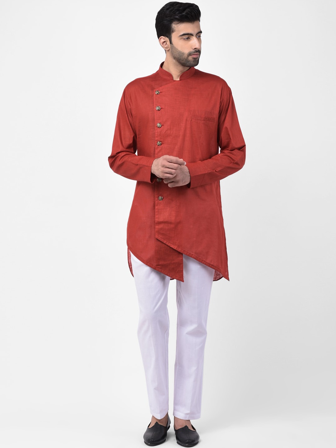 

SG LEMAN Men Rust Solid Angrakha Kurta with Trousers
