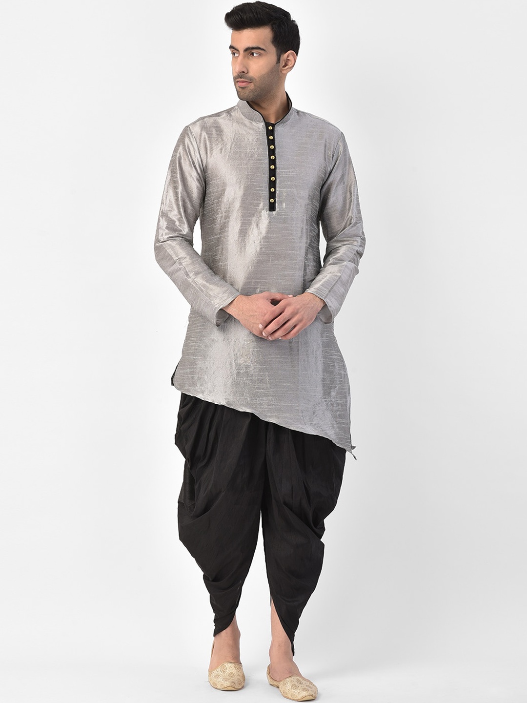 

SG LEMAN Men Raw Silk Kurta with Dhoti Pants, Silver
