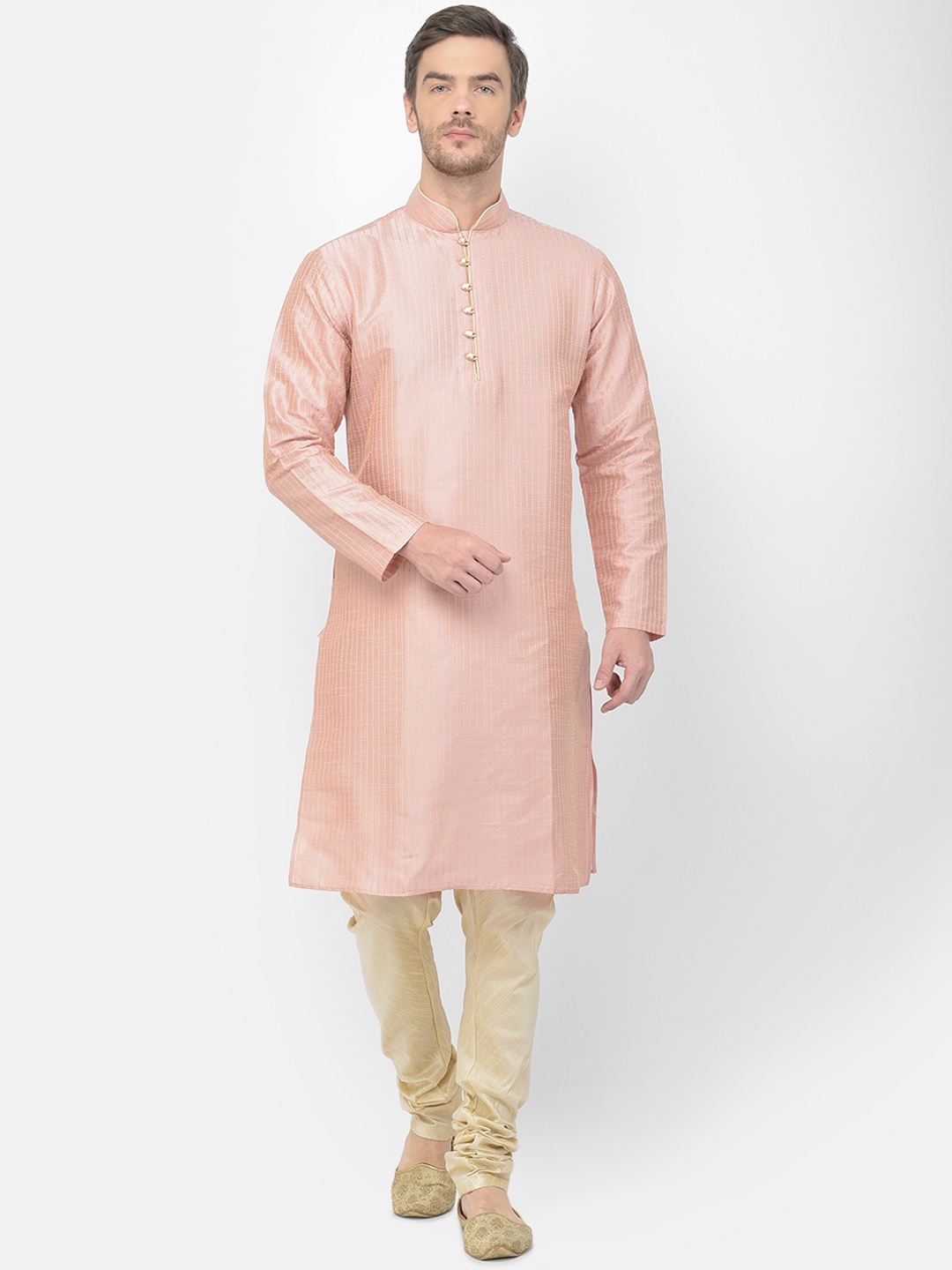 

SG LEMAN Men Pink Raw Silk Kurta with Churidar