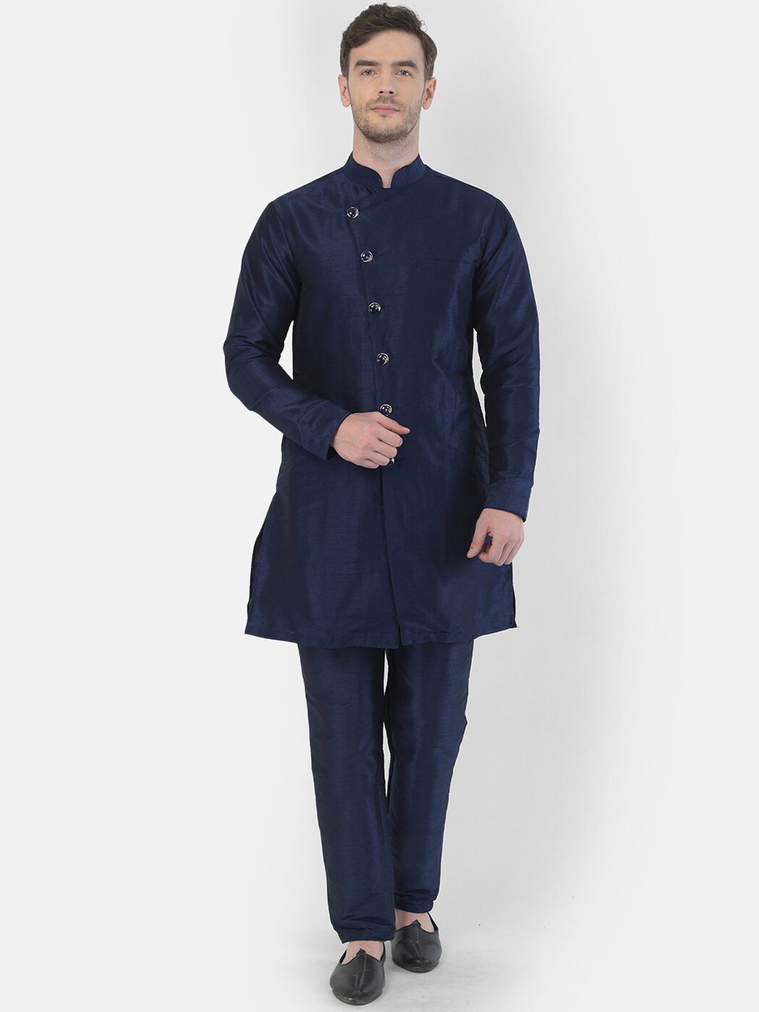 

SG LEMAN Men Navy Blue Angrakha Raw Silk Kurta with Trousers