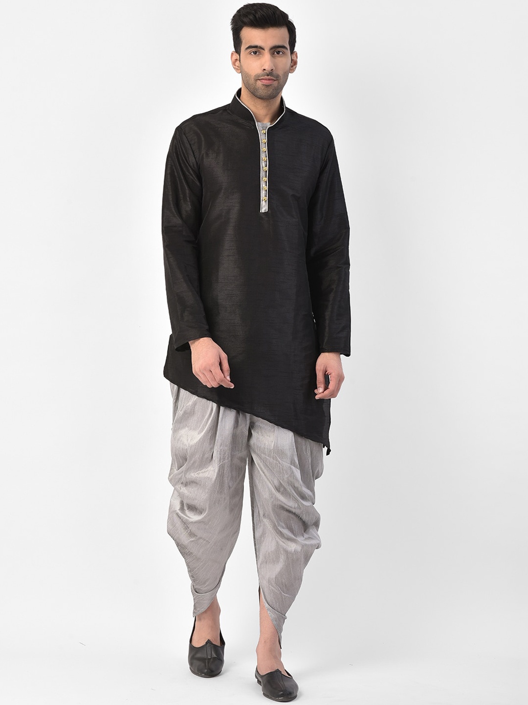 

SG LEMAN Men Black Pleated Raw Silk Kurta With Dhoti Pants