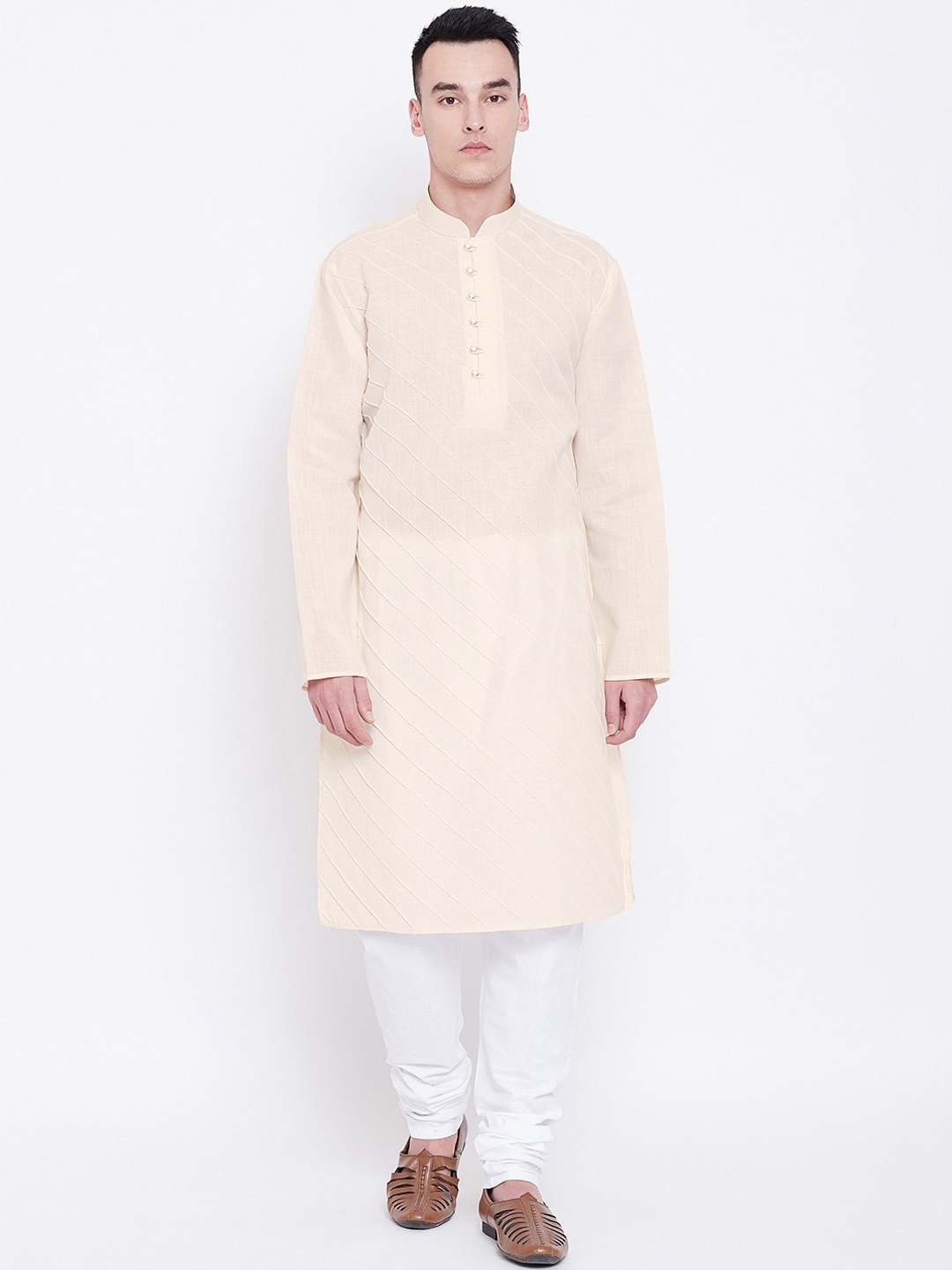

SG LEMAN Men Beige Striped Pure Cotton Kurta with Churidar