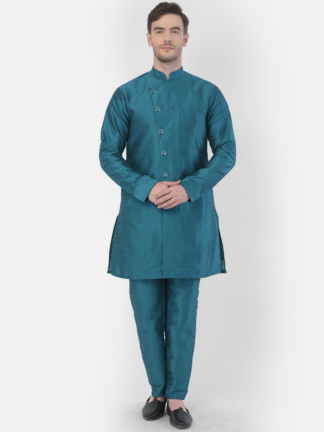 

SG LEMAN Men Teal Angrakha Raw Silk Kurta with Pyjamas