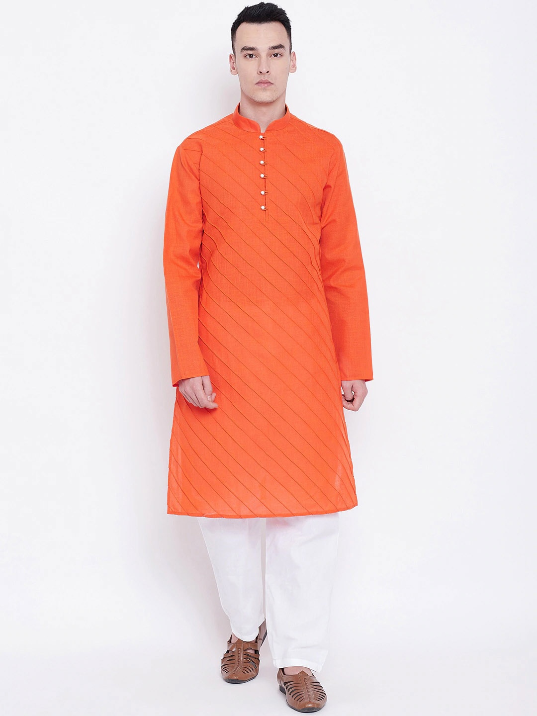 

SG LEMAN Men Orange Striped Pleated Pure Cotton Kurta with Pyjamas