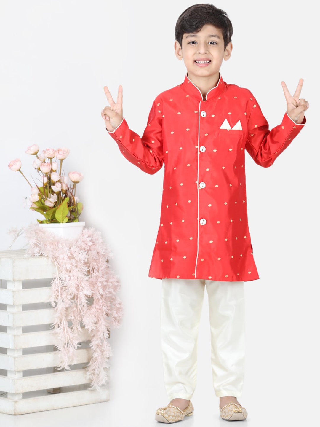 

BownBee Boys Red Printed Silk Sherwani