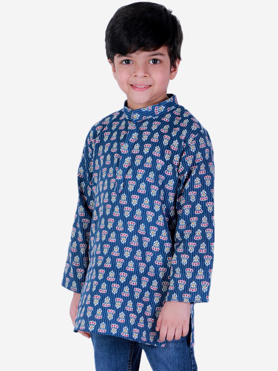 

BownBee Boys Navy Blue Floral Block Print Cotton Kurta