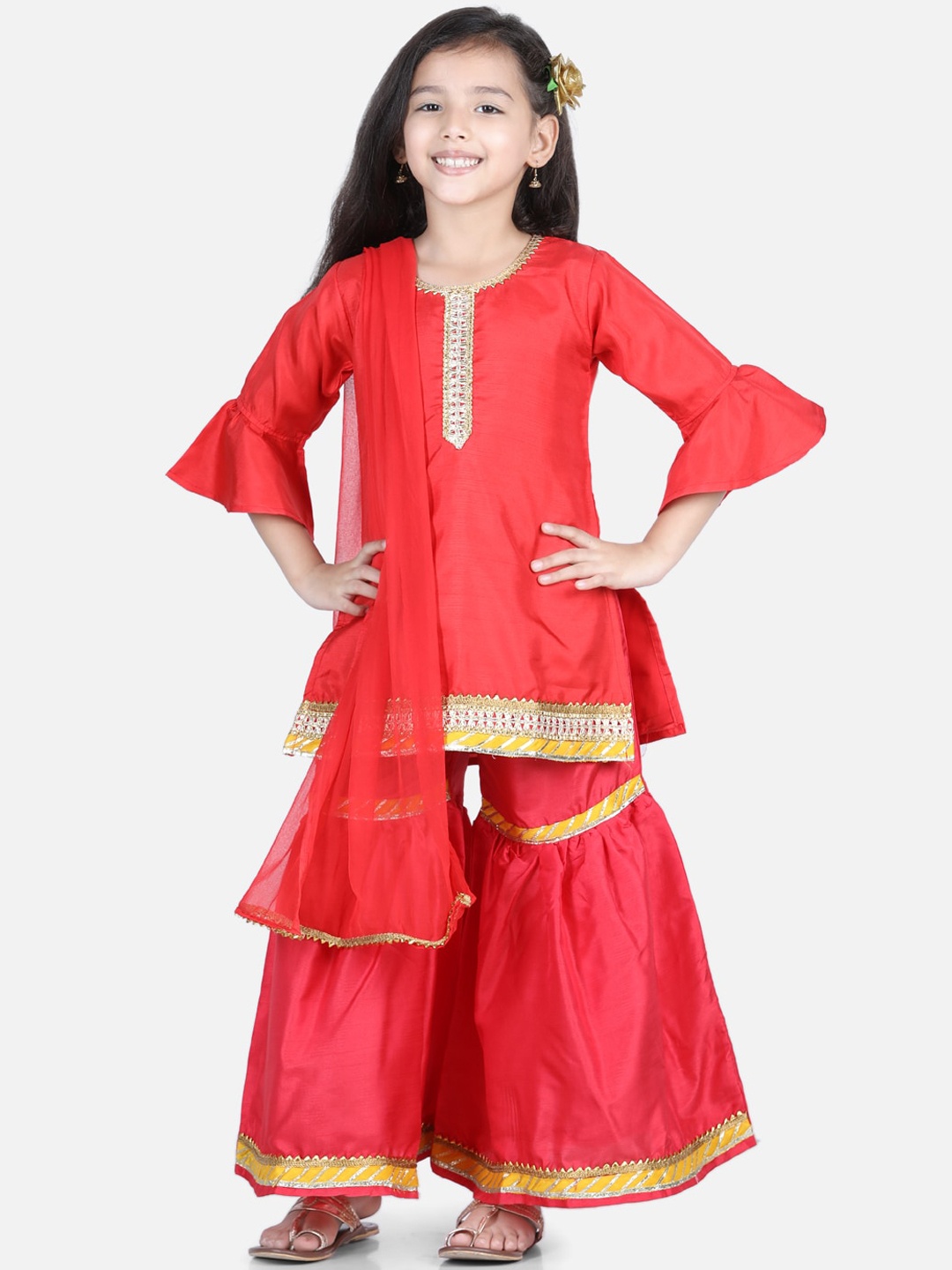 

BownBee Girls Red Kurti with Sharara & With Dupatta