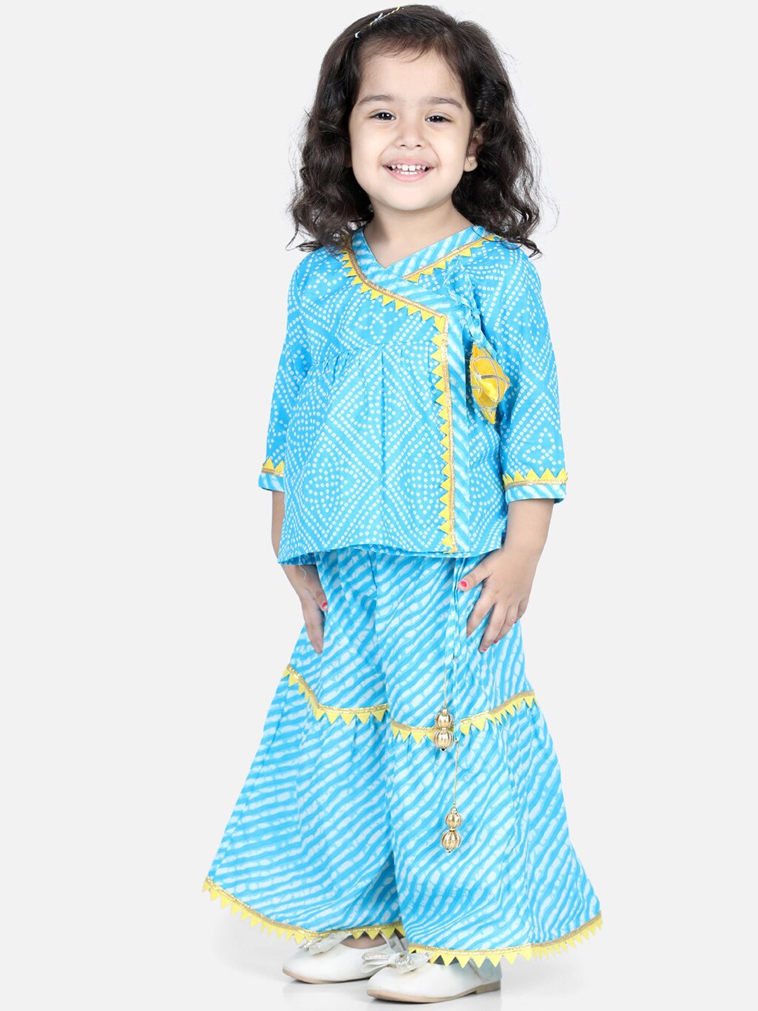 

BownBee Girls Blue Bandhani Printed Angrakha Pure Cotton Kurti with Sharara