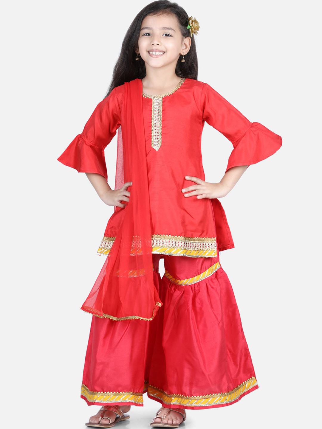 

BownBee Girls Red Gotta Patti Kurti with Sharara & With Dupatta
