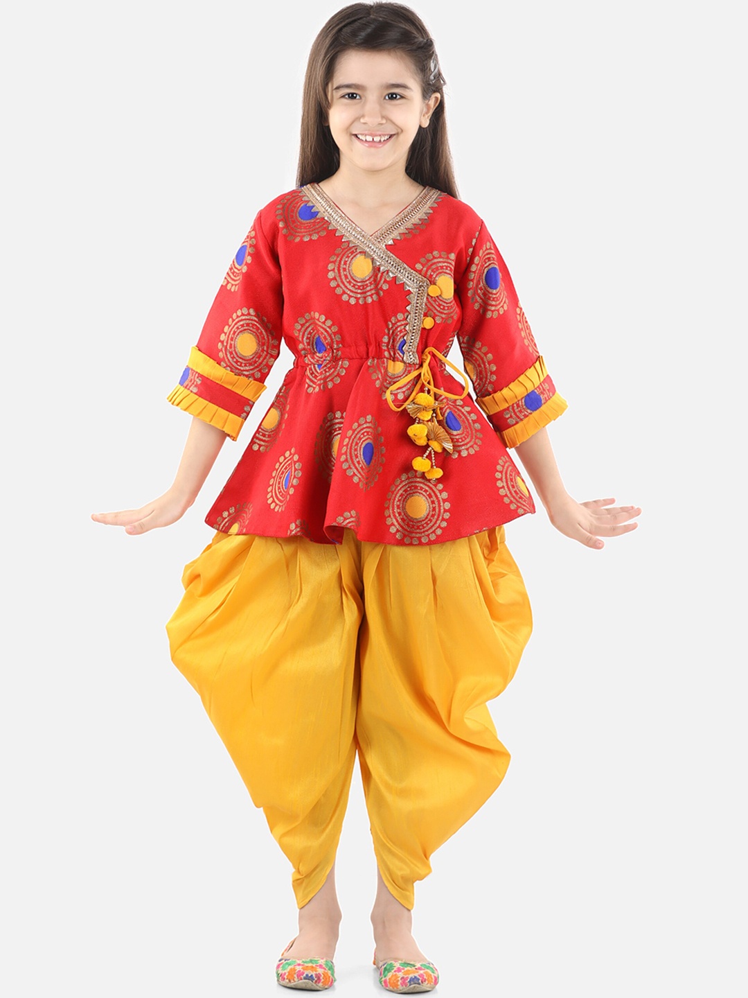 

BownBee Girls Red Ethnic Motifs Printed Angrakha Kurti with Dhoti Pants