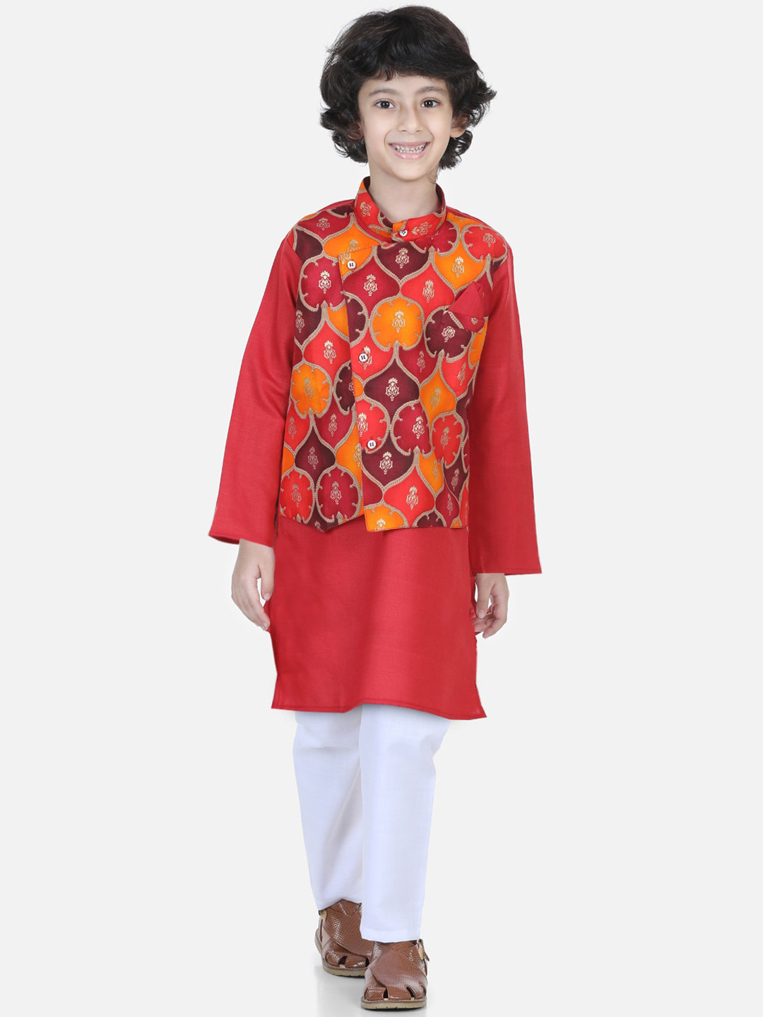 

BownBee Boys Red Pure Cotton Kurta & Pyjama with Jacket