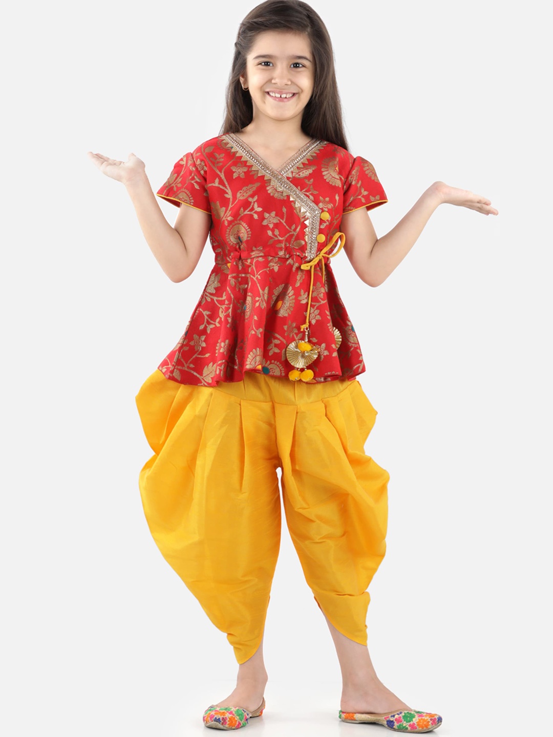 

BownBee Girls Red Floral Printed Angrakha Top with Dhoti Pants