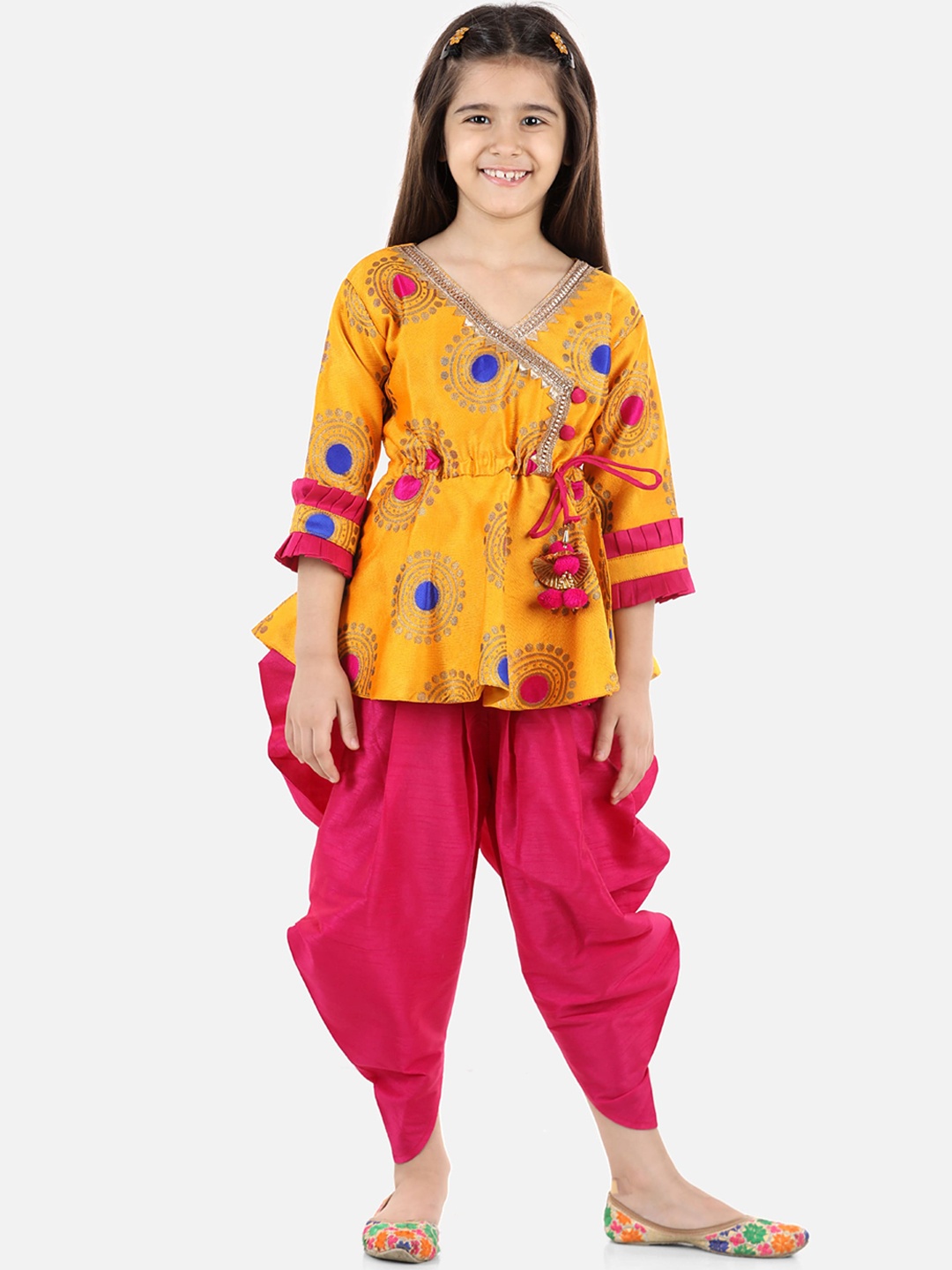 

BownBee Girls Ethnic Motifs Printed Angrakha Kurti with Dhoti Pant, Yellow
