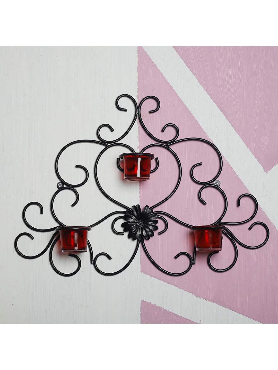 

Home Sparkle Black & Red Iron Wall Tealight Candle Holder With Votive Glass Set