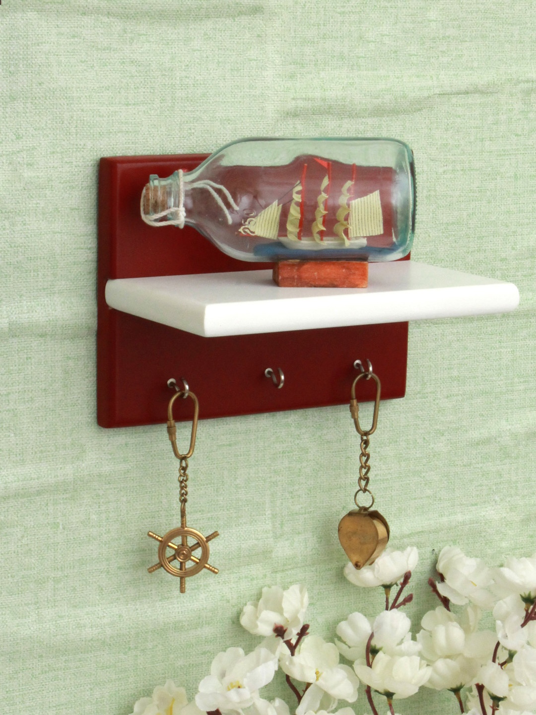

Home Sparkle Red & White Solid Wood Key Holders With Wall Shelf