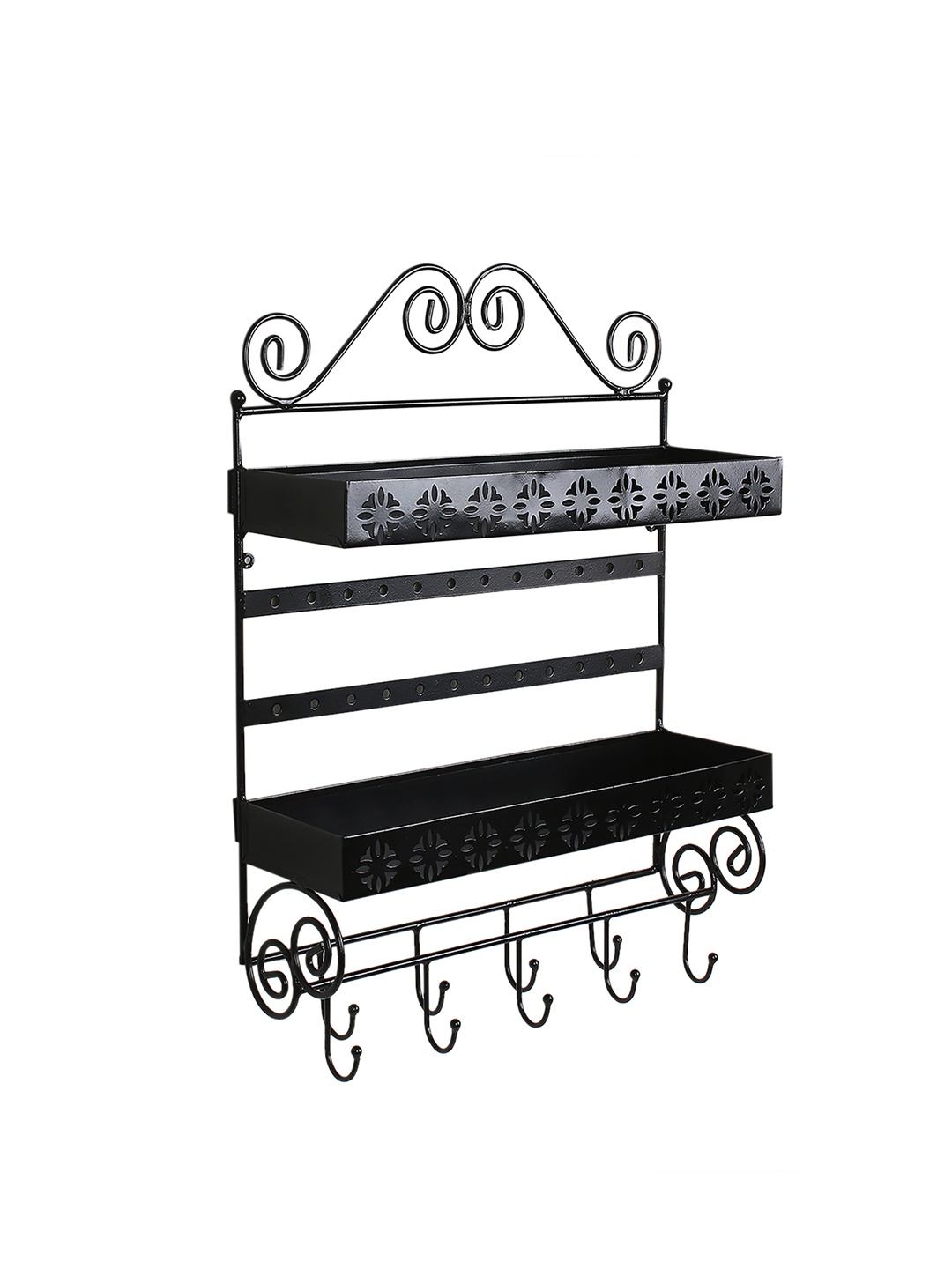 

Home Sparkle Black Solid Metal Wall Shelf with 2 Racks and 9 Hooks