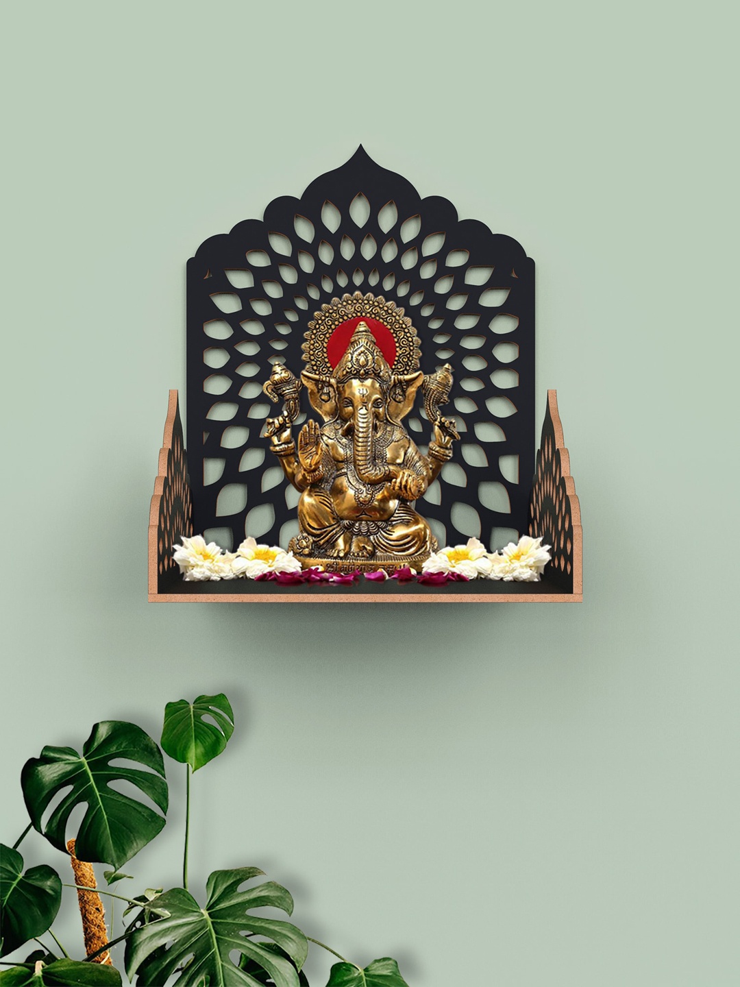 

Home Sparkle Black & Brown Solid Wooden Wall Mounted Puja Temple with Laser Cut