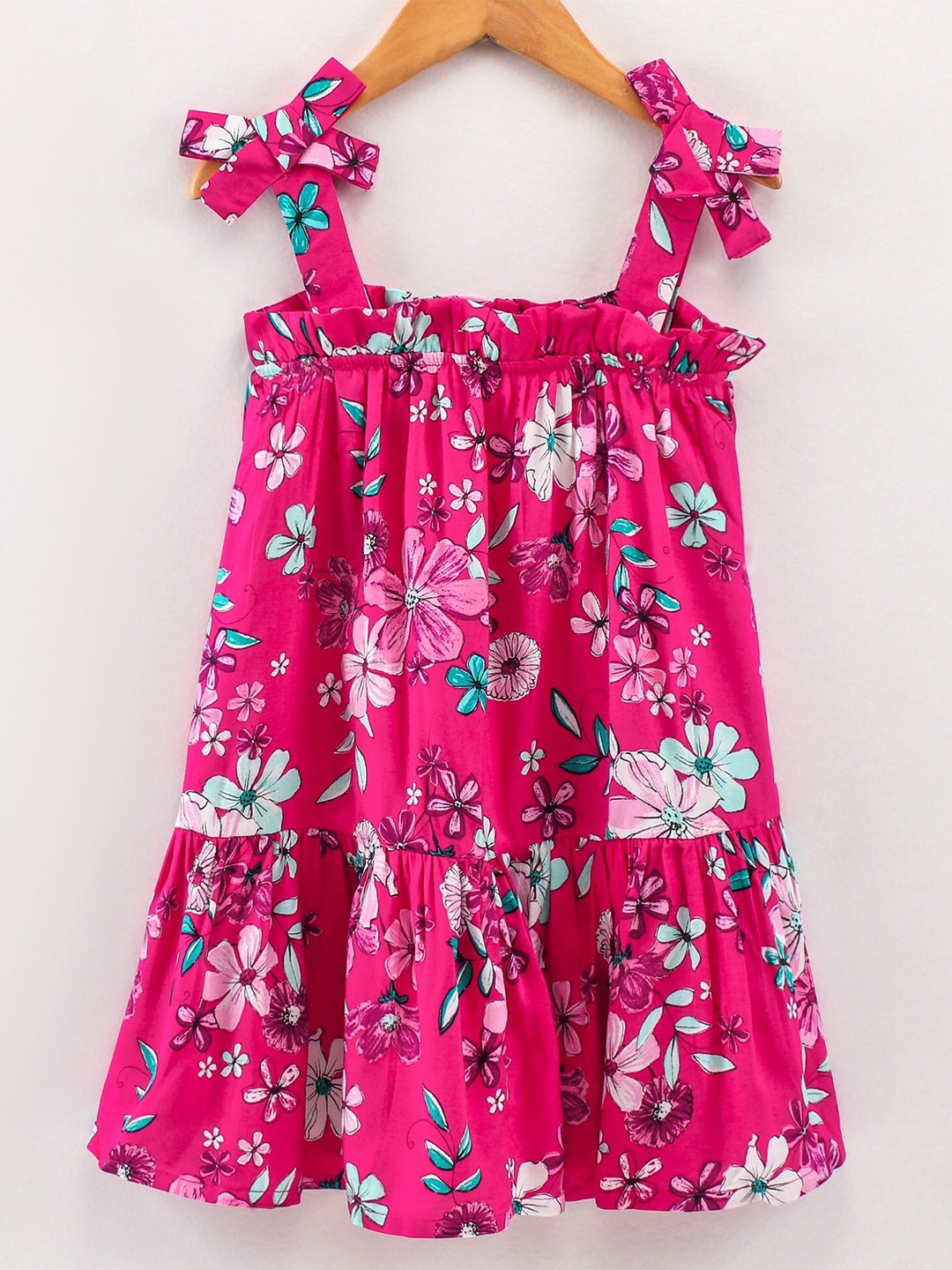 

CrayonFlakes Girls Pink Floral Print A-Line Tiered Dress