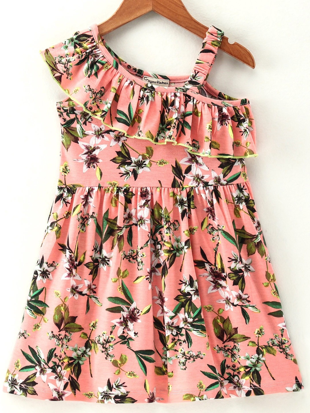 

CrayonFlakes Girls Peach-Coloured & Green Floral Dress