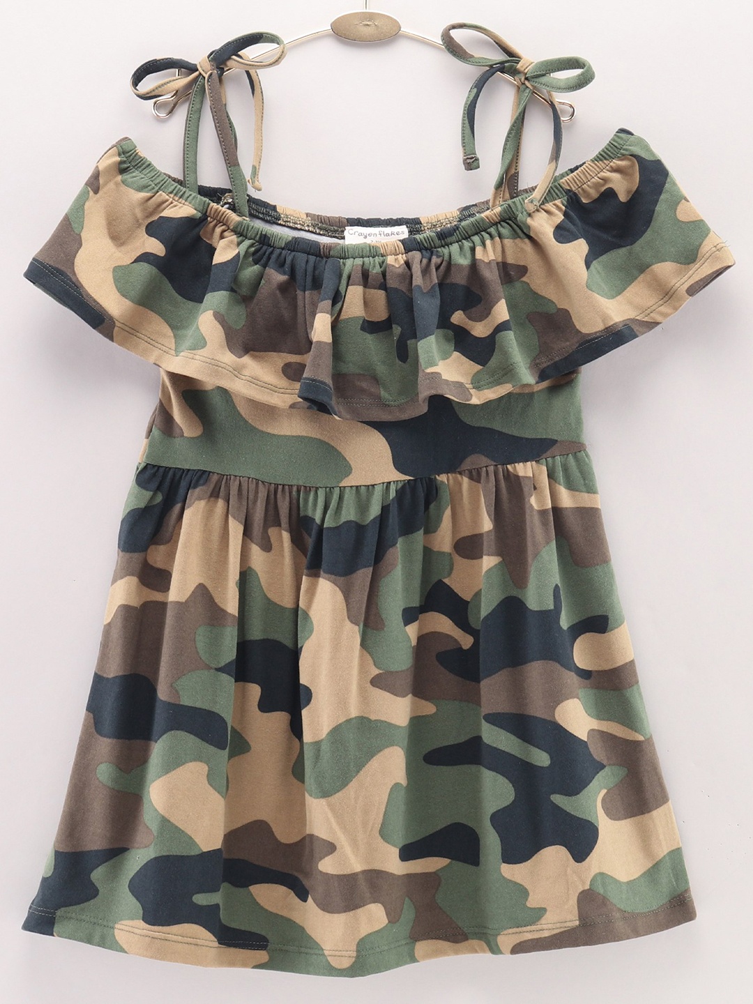

CrayonFlakes Girls Green & Beige Camouflage Printed Off-Shoulder A-Line Dress