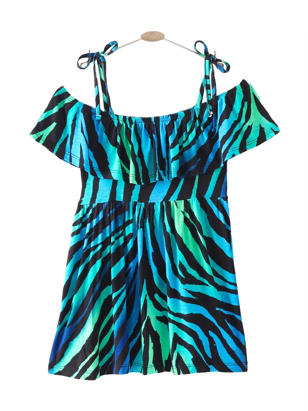 

CrayonFlakes Girls Turquoise Blue And Black Tiger Print Shoulder Strap Dress