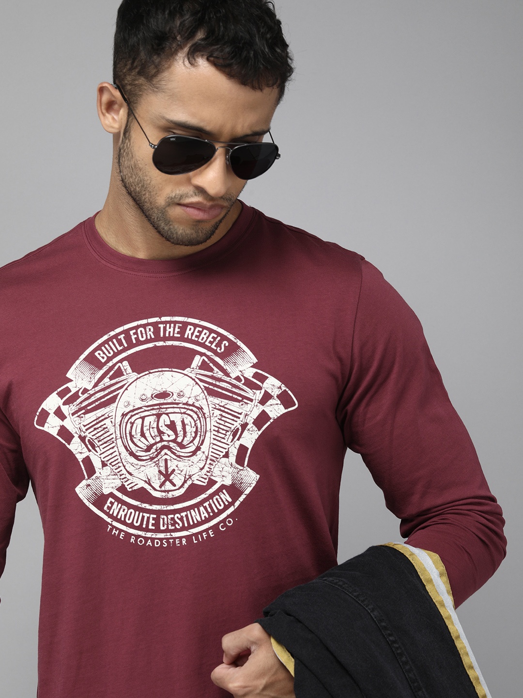 

Roadster Men Burgundy Biker Printed Pure Cotton T-shirt