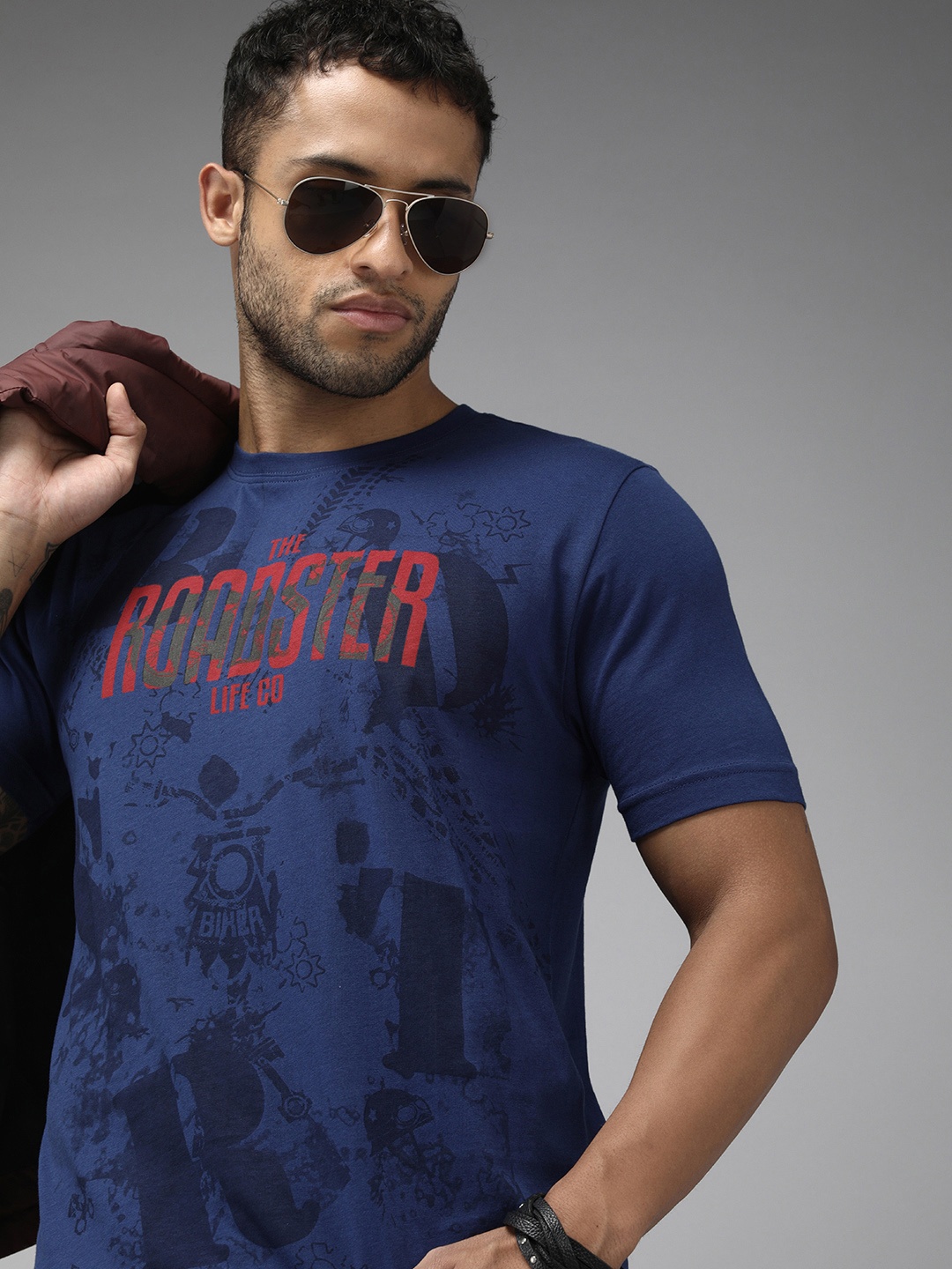 

Roadster Men Navy Blue Biker Printed Pure Cotton T-shirt