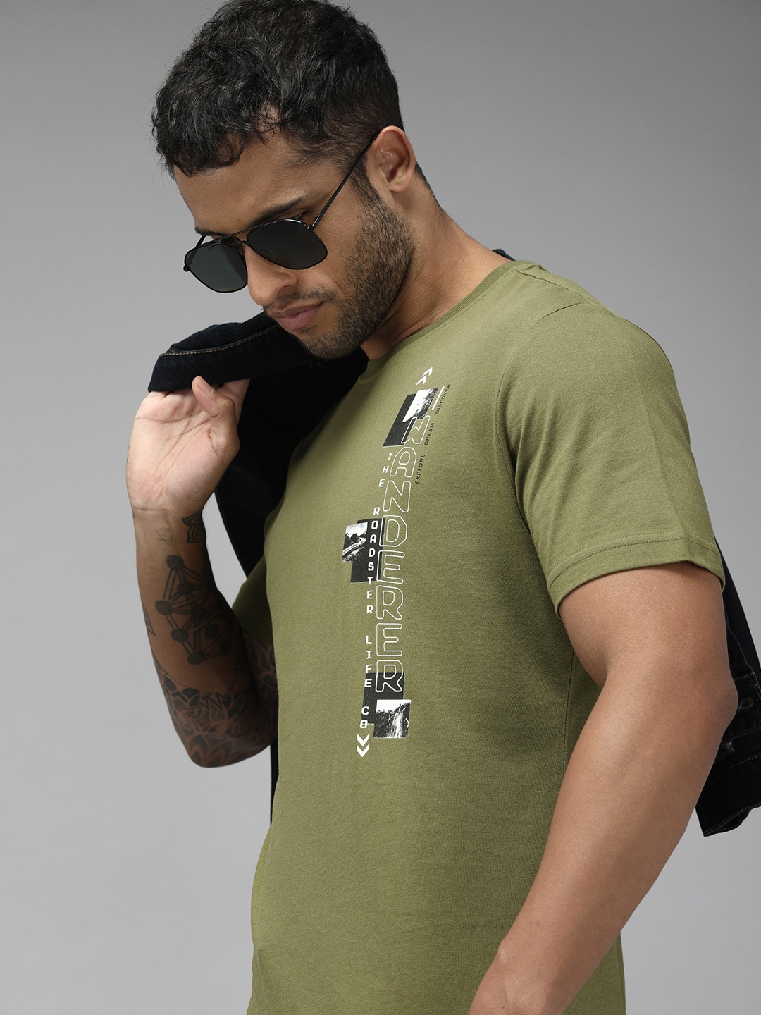 

Roadster Men Olive Green Printed Pure Cotton T-shirt