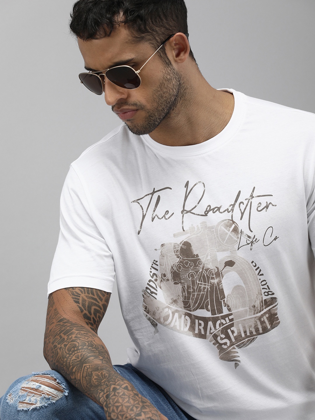 

Roadster Men White & Black Biker Printed Pure Cotton T-shirt