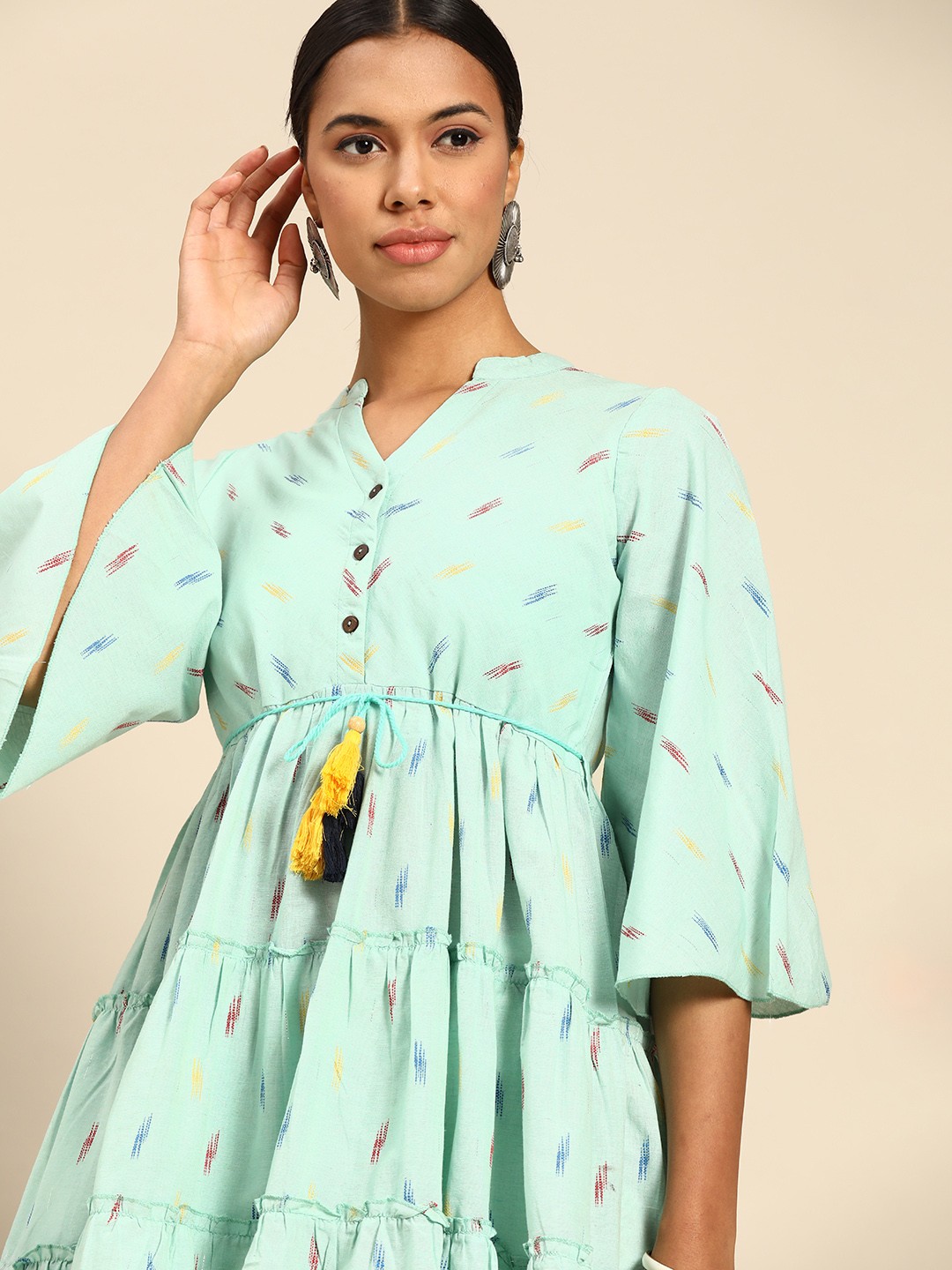 

Anouk Women Sea Green Geometric Printed Cotton Bell Sleeves Kurta