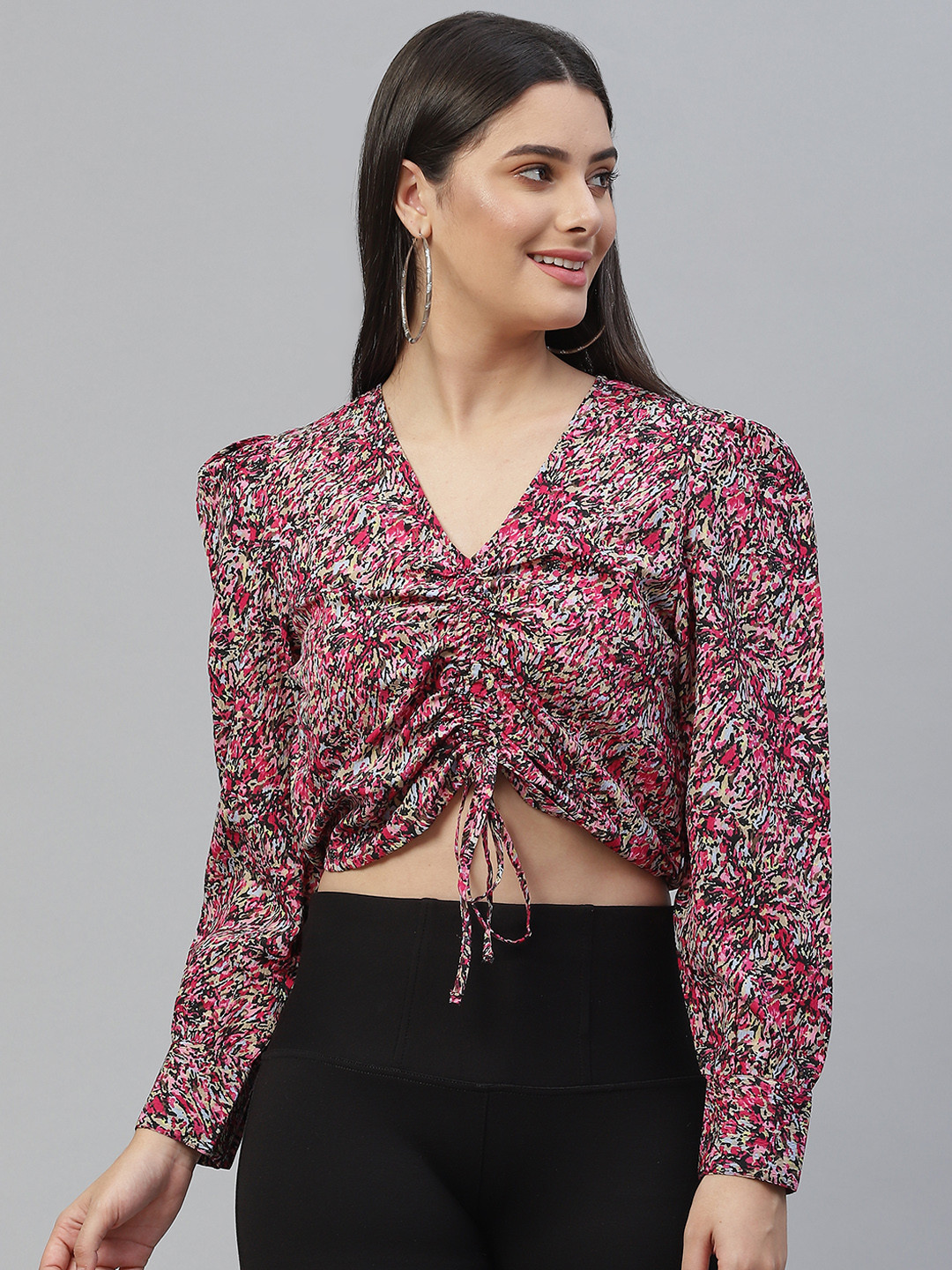 

JUNE & HARRY Pink & Black Print Front Tie Up Ruched Crop Top