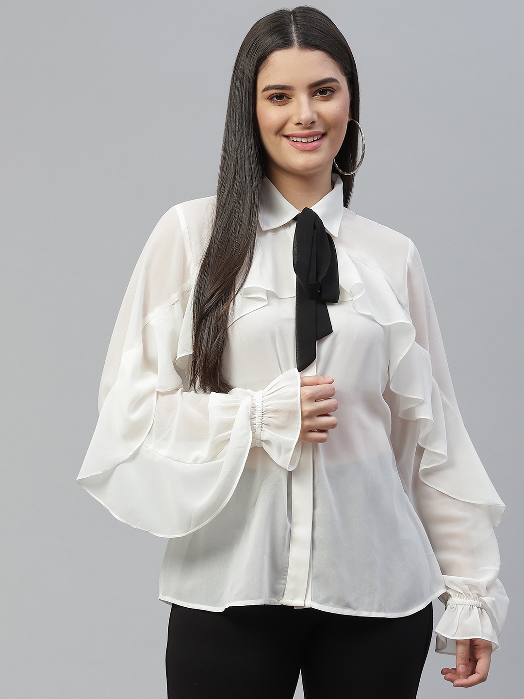 

JUNE & HARRY Women White Solid Ruffle Detail Semi Sheer Casual Shirt