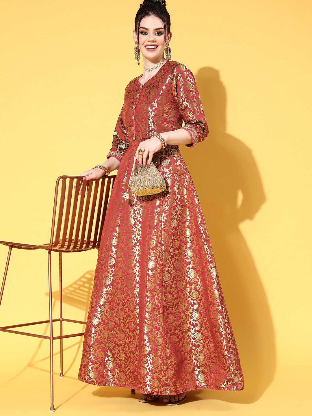 

Chhabra 555 Women Charming Maroon Ethnic Motifs Brocade Dress