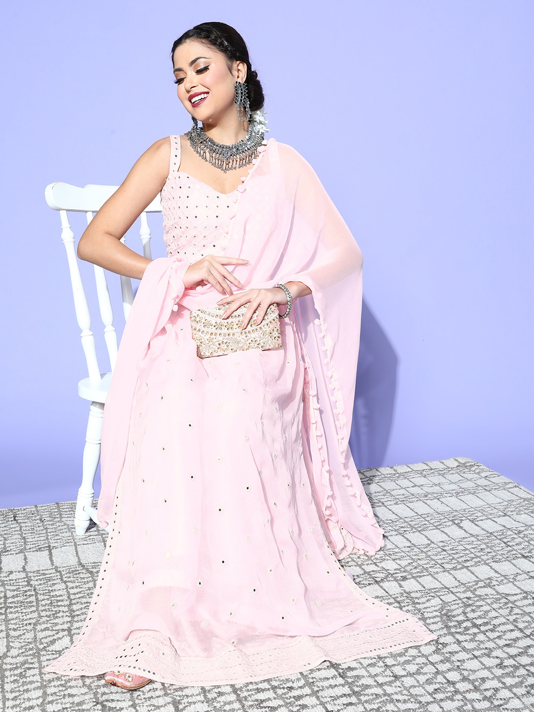 

Chhabra 555 Women Ethnic Motifs Poly Georgette Hyper Texture Kurta Set, Pink