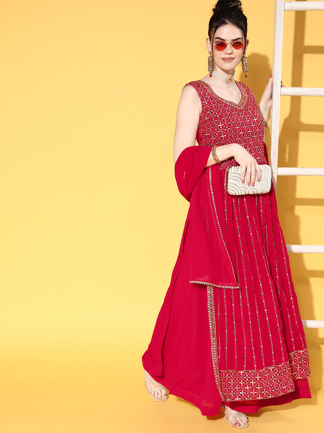 

Chhabra 555 Women Ethnic Motifs Poly Georgette Bold Decoration Kurta Set, Red