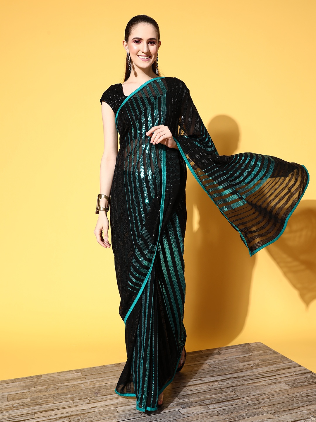 

Chhabra 555 Striped Saree with Solid border, Black