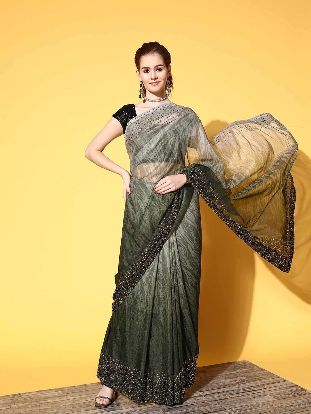 

Chhabra 555 Ombre Saree with Embellished border, Green