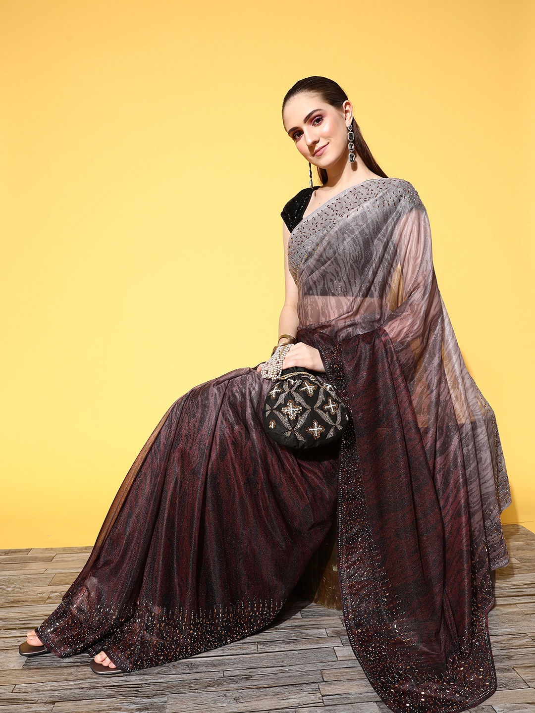 

Chhabra 555 Ombre Saree with Embellished border, Brown