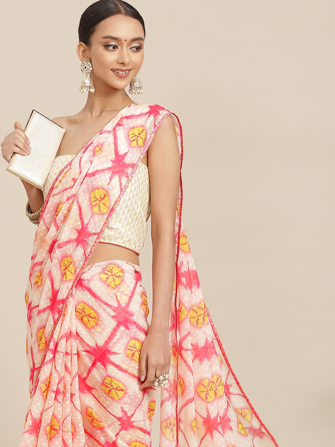 

Chhabra 555 Cream-Coloured & Pink Tie and Dye Saree