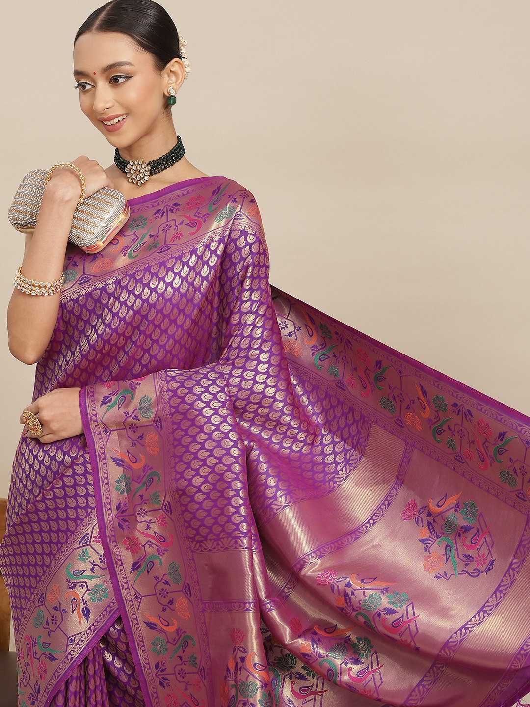 

Chhabra 555 Purple & Gold-Toned Ethnic Motifs Zari Silk Blend Paithani Saree